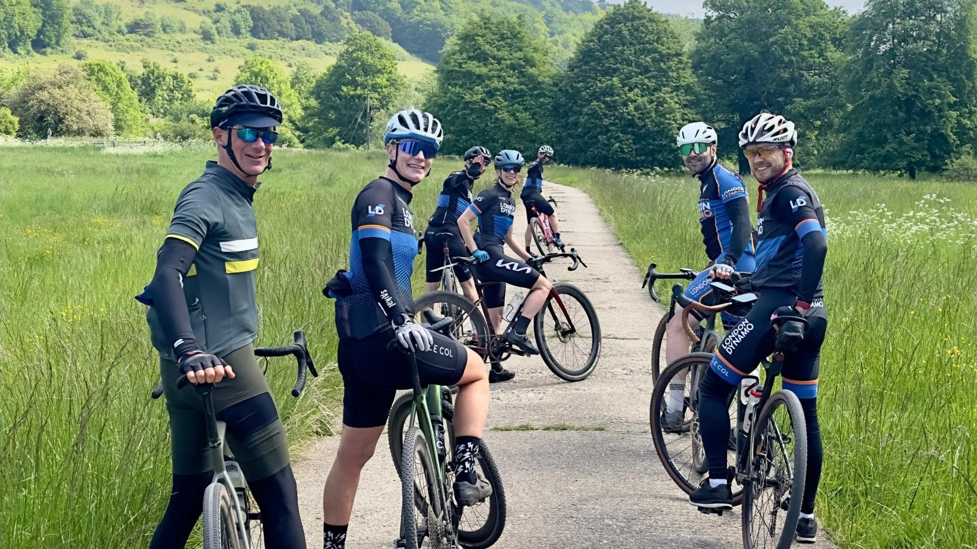 London Dynamo riders cycling on our Sunday gravel ride in the surrey countryside