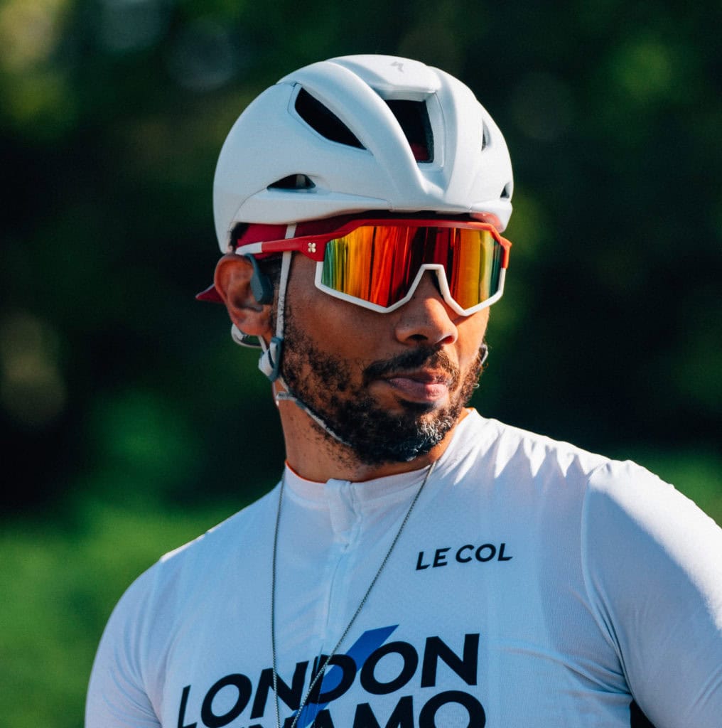 London Dynamo rider wearing Le Col custom kit