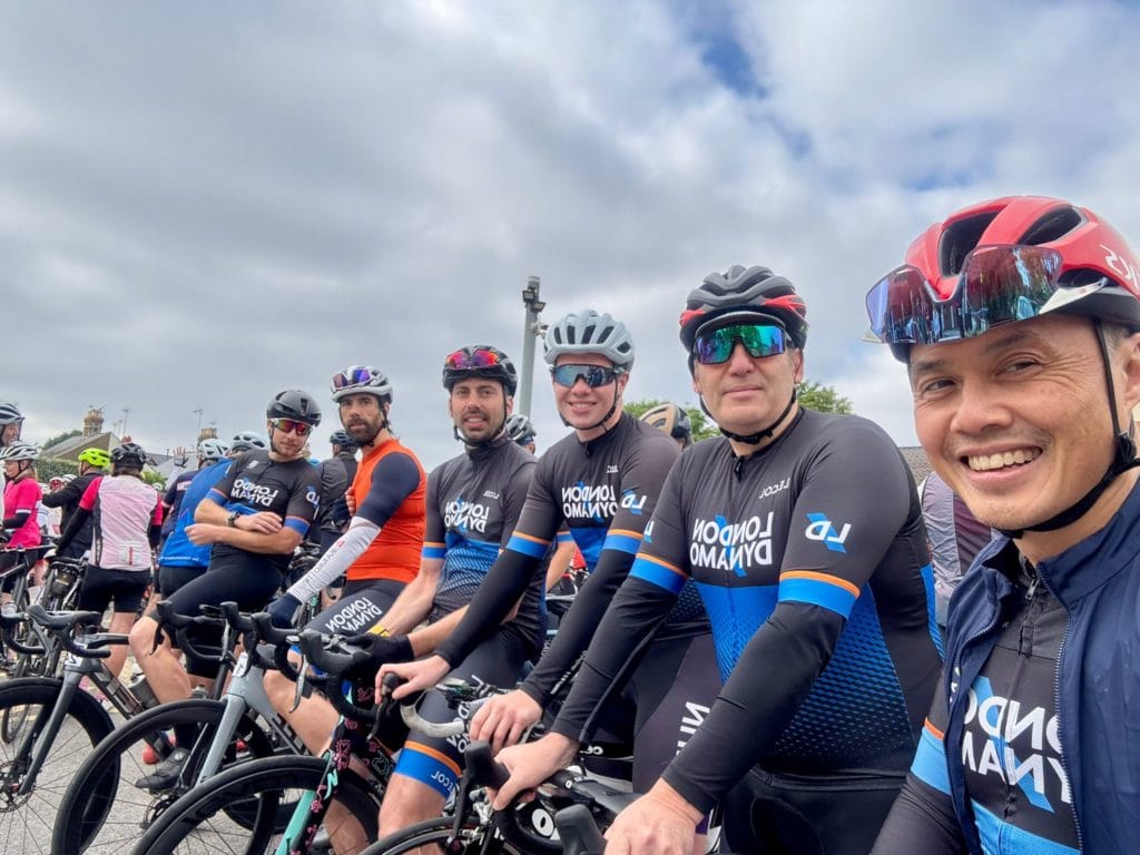 Lineup of six smiling London Dynamo riders at the May Flyer Sportive