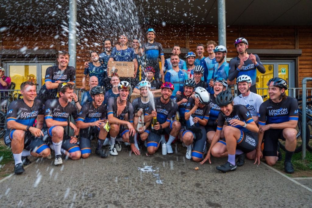London Dynamo race team spraying champagne after winning the West Thames League