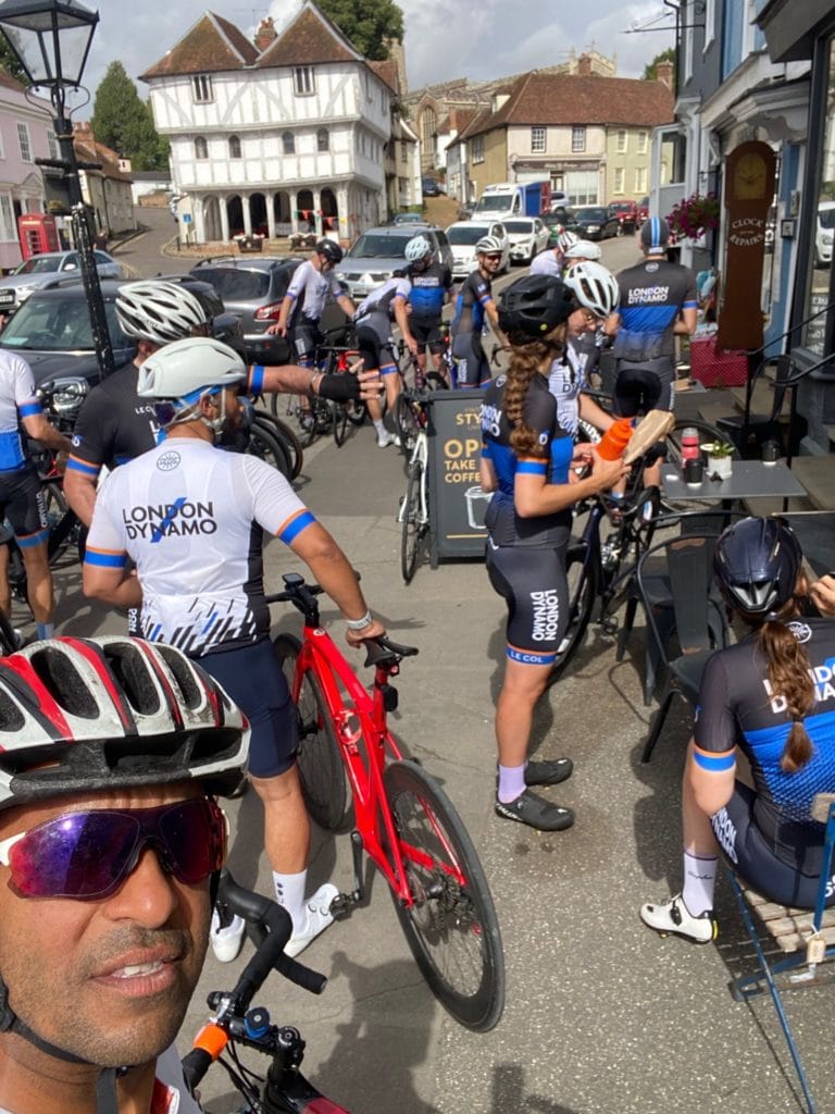 London Dynamo Riders stopped outside a coffee shop for a quick break