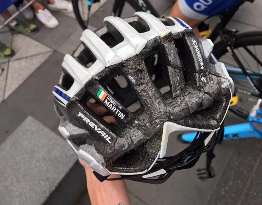 Broken cycling helmet after a crash