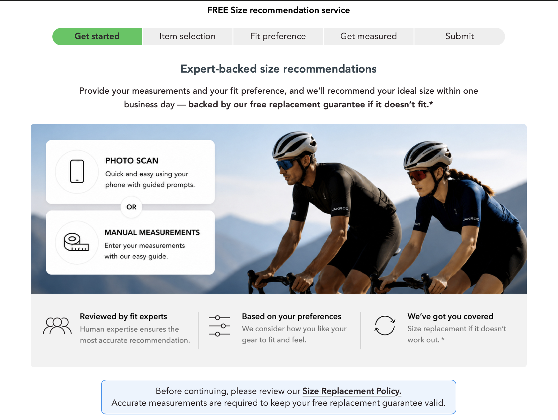 Jakroo free size recommendation service screen showing photo scan or manual measurements, with two cyclists in Jakroo kit
