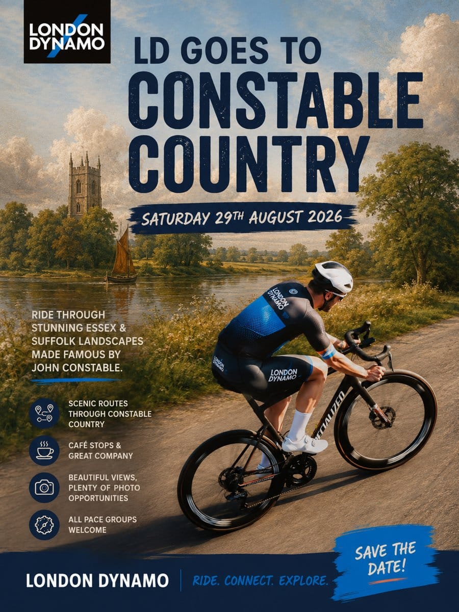 Poster for LD Goes to Constable Country, Saturday 29th August 2026, showing a London Dynamo rider on a country lane with a church tower behind