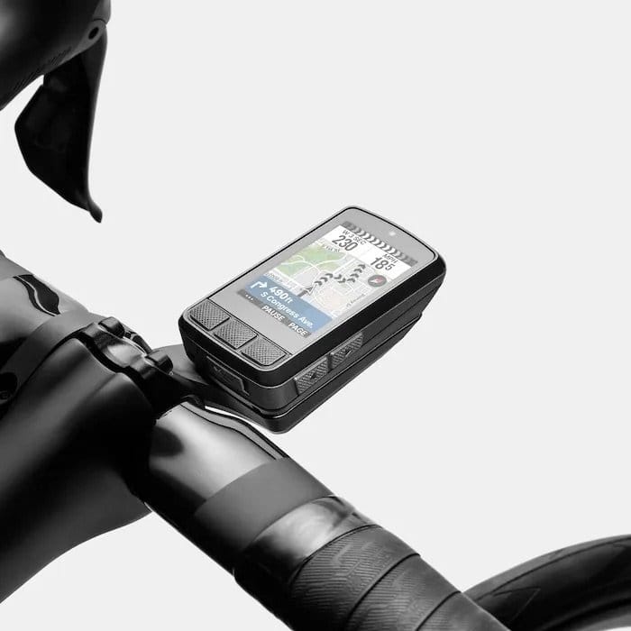A Wahoo ELEMNT GPS cycling computer mounted on road bike handlebars
